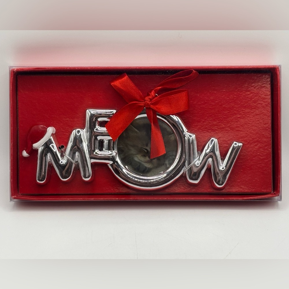 New MEOW Cat Christmas Ornament Large Silver tone Photo Frame